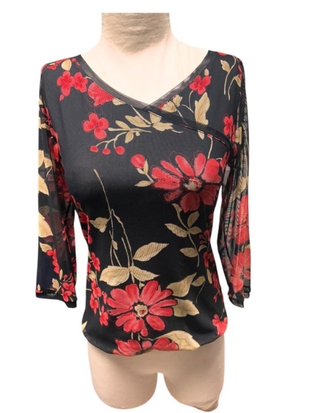 Vintage Y2K Anac by Kimmy mesh black and red floral top Size Medium/Large
